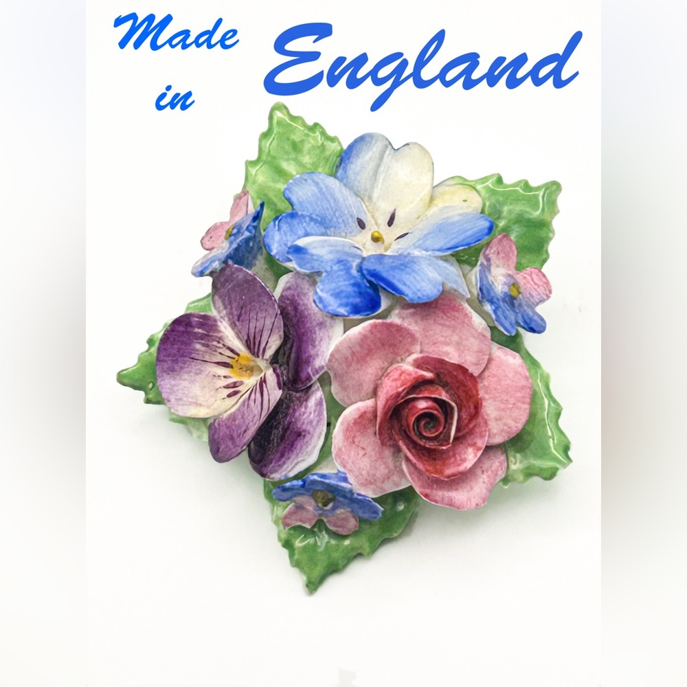 Floral Ceramic Brooch Hand Painted Made in England